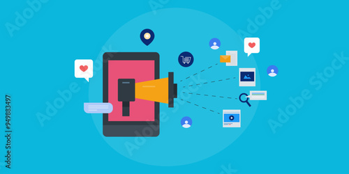 Mobile marketing, digital business promotion strategy including SEO, SMM, Email message omni channel marketing concept, vector illustration. 