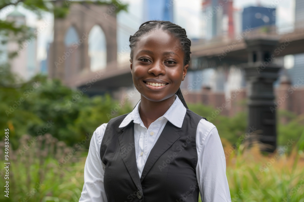 Confident Young Woman with Brooklyn Bridge in Background Confident Young Woman with Brooklyn Bridge in Background