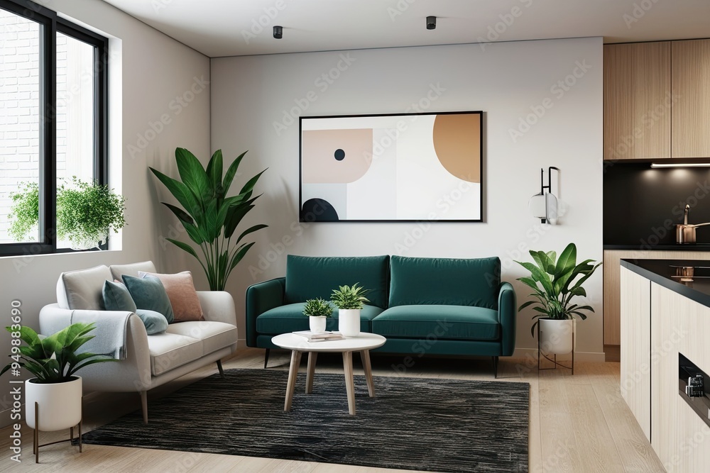 Minimalist Home Interior Design with Stylish Sofa and Fresh Plants in Modern Apartment 3D Rendering