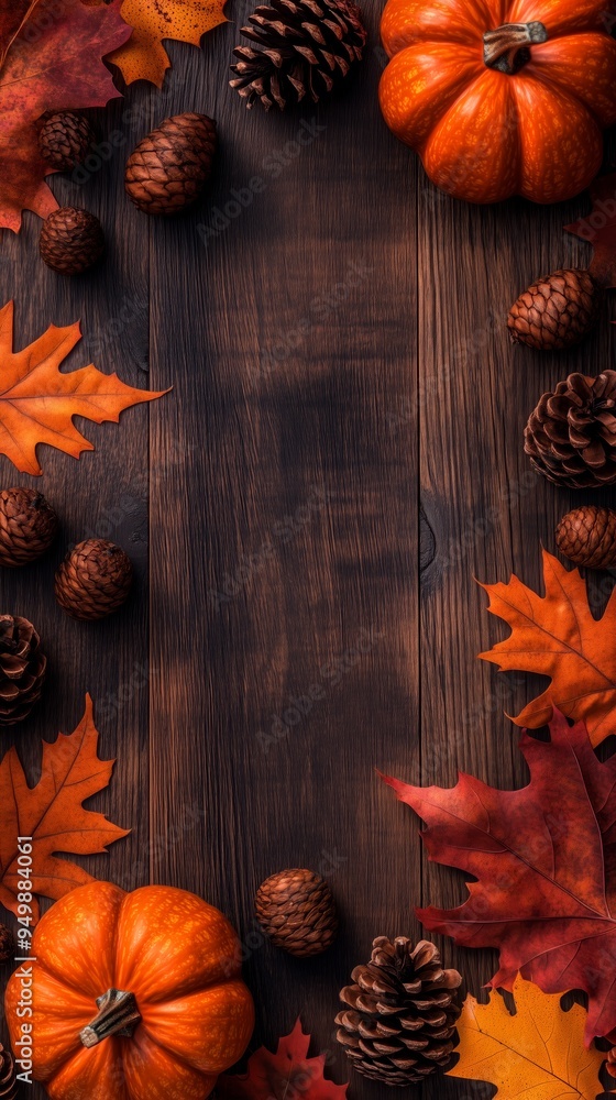 Fototapeta premium Vertical Autumn Flat Lay Background Featuring Pumpkins and Natural Fall Decorations with Copy Space