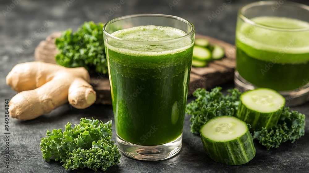 Closeup of green detox juice with ingredients like kale cucumber and ginger placed on a rustic table Closeup of green detox juice with ingredients like kale cucumber and ginger placed on a rustic table