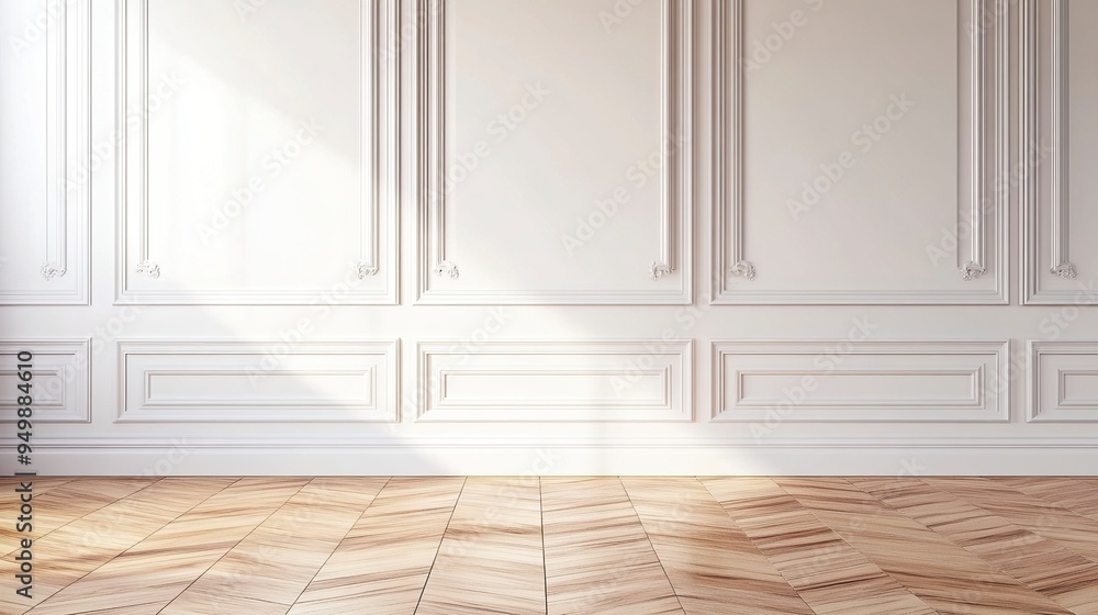 Room interior with white classic wall panel and wooden floor. Light background with luxury elegant molding frames. generative ai Room interior with white classic wall panel and wooden floor. Light background with luxury elegant molding frames. generative ai