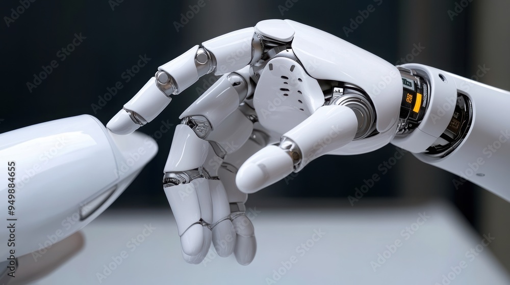 A close-up of a robotic hand reaching out to touch a human-like hand, symbolizing the interaction between technology and humanity. A close-up of a robotic hand reaching out to touch a human-like hand, symbolizing the interaction between technology and humanity.