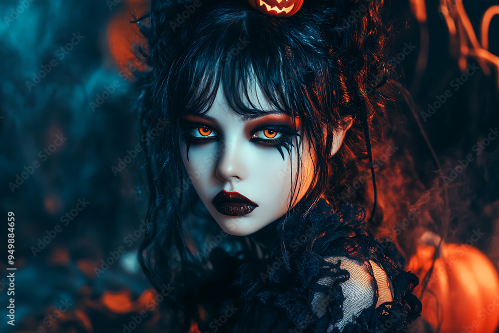 A Halloween-themed image featuring a girl dressed in a spooky yet stylish costume