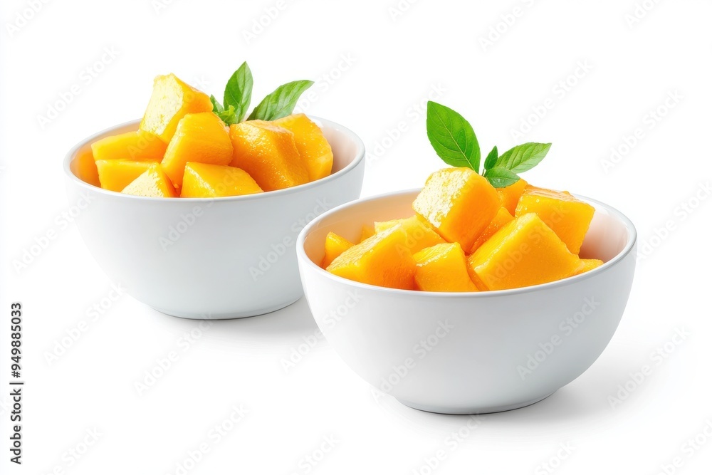 Set of two white bowls with mango fruit pieces, side and top view Set of two white bowls with mango fruit pieces, side and top view