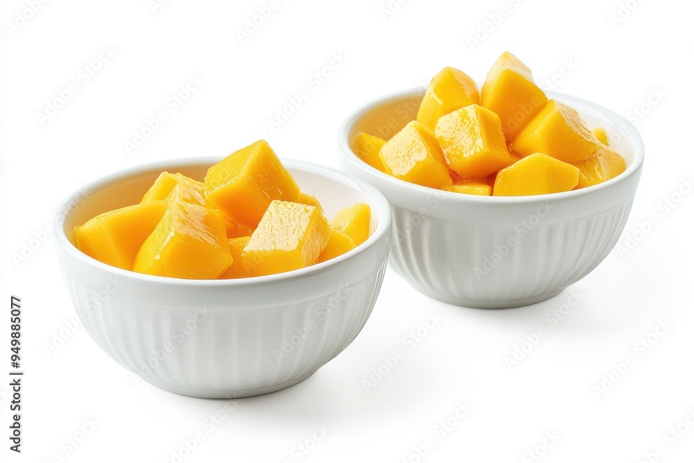 Set of two white bowls with mango fruit pieces, side and top view Set of two white bowls with mango fruit pieces, side and top view