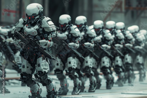 Wallpaper Mural A group of robots walking together along a city street, showcasing their metallic bodies and advanced designs, A group of bio-engineered soldiers with enhanced strength and agility, AI generated Torontodigital.ca