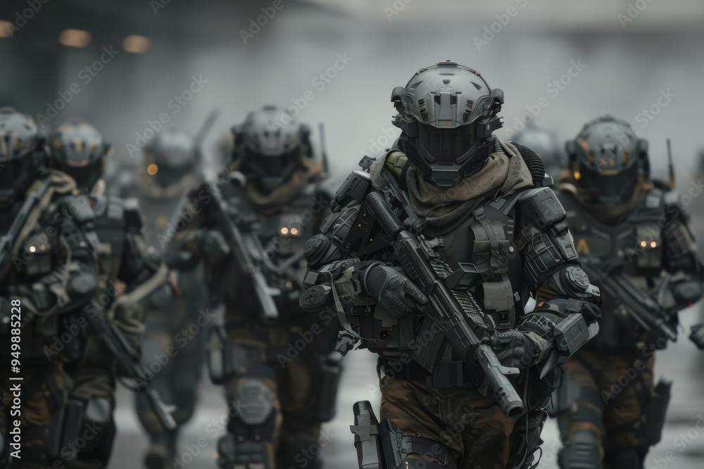 Several robots strolling down a bustling street, highlighting their unique features and futuristic appearance, A group of bio-engineered soldiers with enhanced strength and agility, AI generated Several robots strolling down a bustling street, highlighting their unique features and futuristic appearance, A group of bio-engineered soldiers with enhanced strength and agility, AI generated