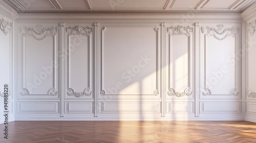 Room interior with white classic wall panel and wooden floor. Light background with luxury elegant molding frames. generative ai