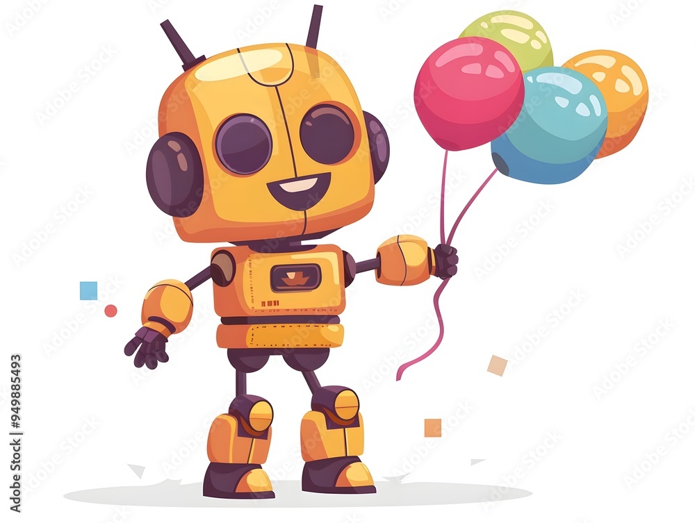 Cheerful Cartoon Robot Holding Colorful Balloon with Friendly Smile Digital on White Background Cheerful Cartoon Robot Holding Colorful Balloon with Friendly Smile Digital on White Background