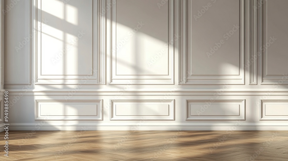 Room interior with white classic wall panel and wooden floor. Light background with luxury elegant molding frames. generative ai