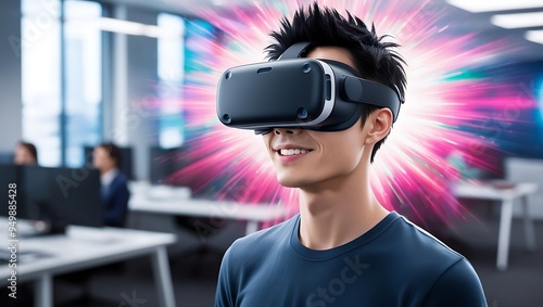 Man enjoying experience virtual reality with VR headset. gadget, technology concept