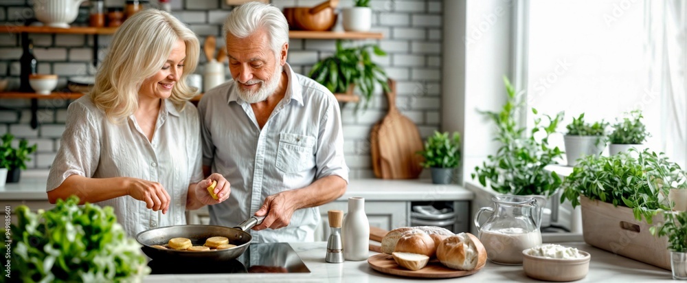 Couple cooking in kitchen. Happy senior man and woman at home cooking healthy food, potato pancakes. Old people with vegan dinner. Mature family lifestyle. Senior retired couple cook meal together Couple cooking in kitchen. Happy senior man and woman at home cooking healthy food, potato pancakes. Old people with vegan dinner. Mature family lifestyle. Senior retired couple cook meal together