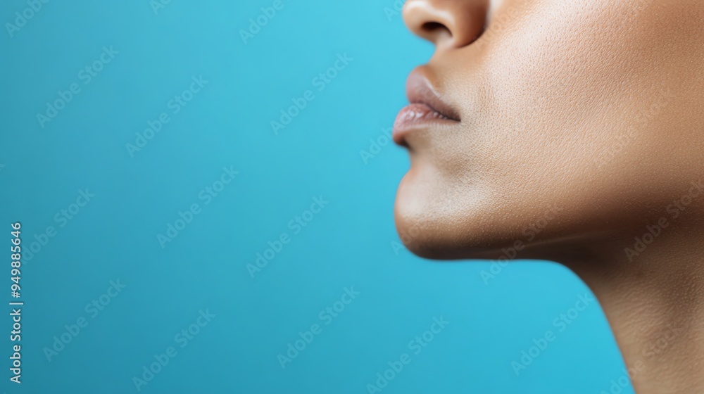 Close-up of a woman's profile against a bright blue background, showcasing smooth skin and a serene expression. Close-up of a woman's profile against a bright blue background, showcasing smooth skin and a serene expression.