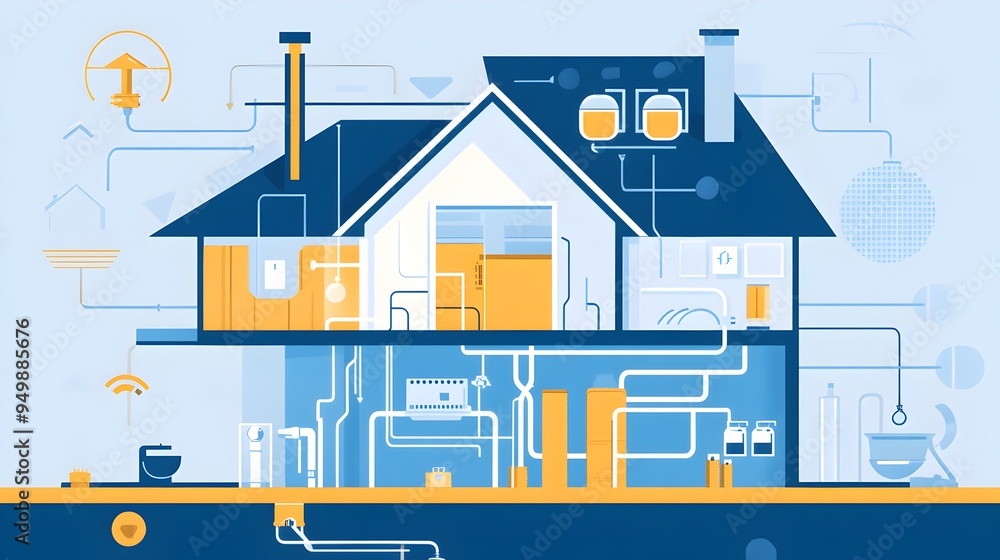 Comprehensive infographic diagram showcasing the step by step installation process for electrical and plumbing systems within a residential home or building Comprehensive infographic diagram showcasing the step by step installation process for electrical and plumbing systems within a residential home or building