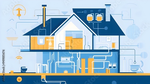 Comprehensive infographic diagram showcasing the step by step installation process for electrical and plumbing systems within a residential home or building
