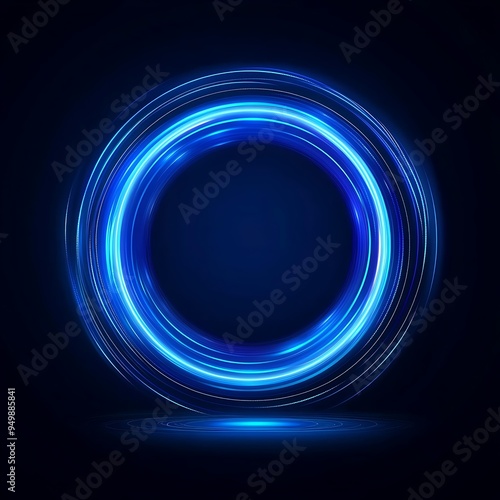 Abstract glowing circle lines on dark blue background. Geometric stripe line art design