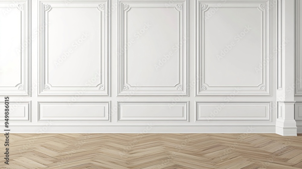 Room interior with white classic wall panel and wooden floor. Light background with luxury elegant molding frames. generative ai Room interior with white classic wall panel and wooden floor. Light background with luxury elegant molding frames. generative ai
