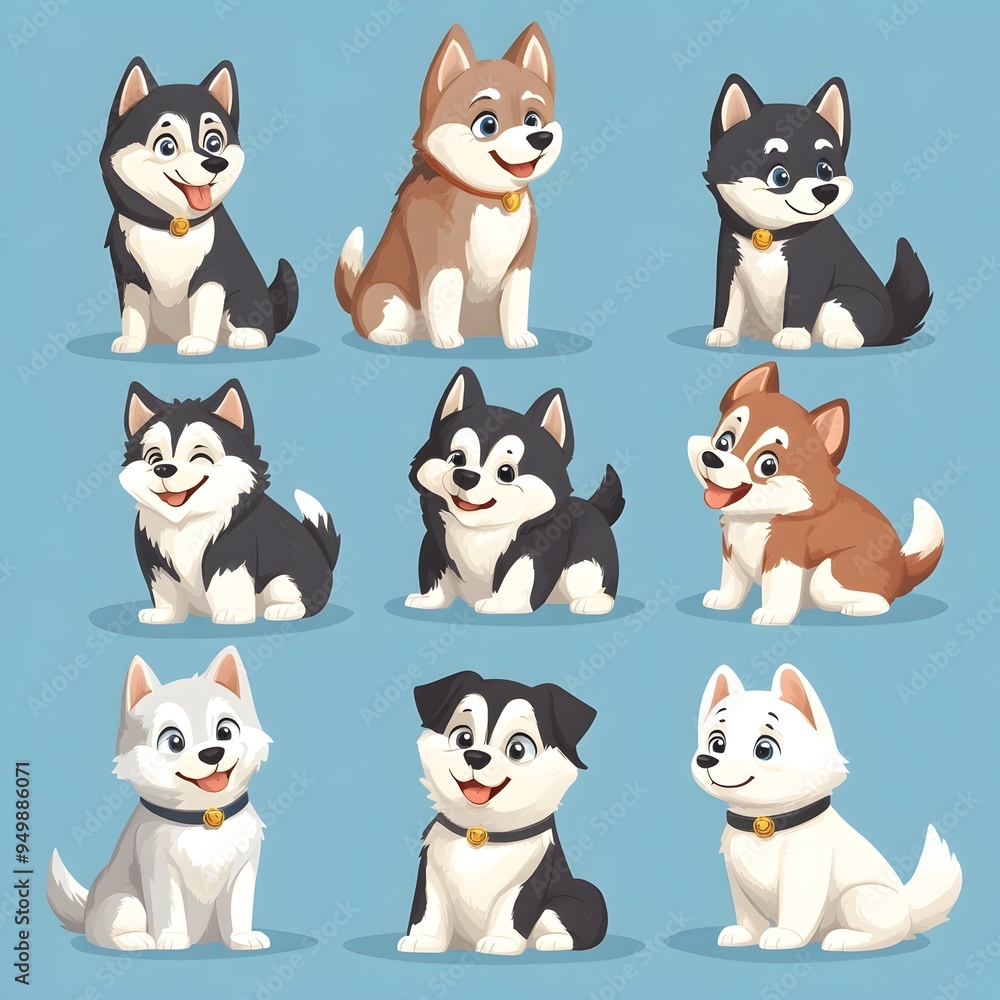 Charming Cartoon Style Huskies in Various Breeds Sitting Against a Baby Blue Background Charming Cartoon Style Huskies in Various Breeds Sitting Against a Baby Blue Background