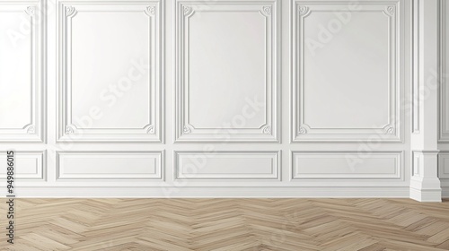 Room interior with white classic wall panel and wooden floor. Light background with luxury elegant molding frames. generative ai