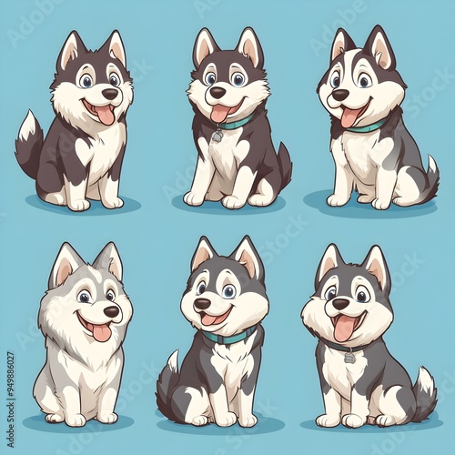 Charming Cartoon Husky Puppies in Various Poses on Soft Blue Background