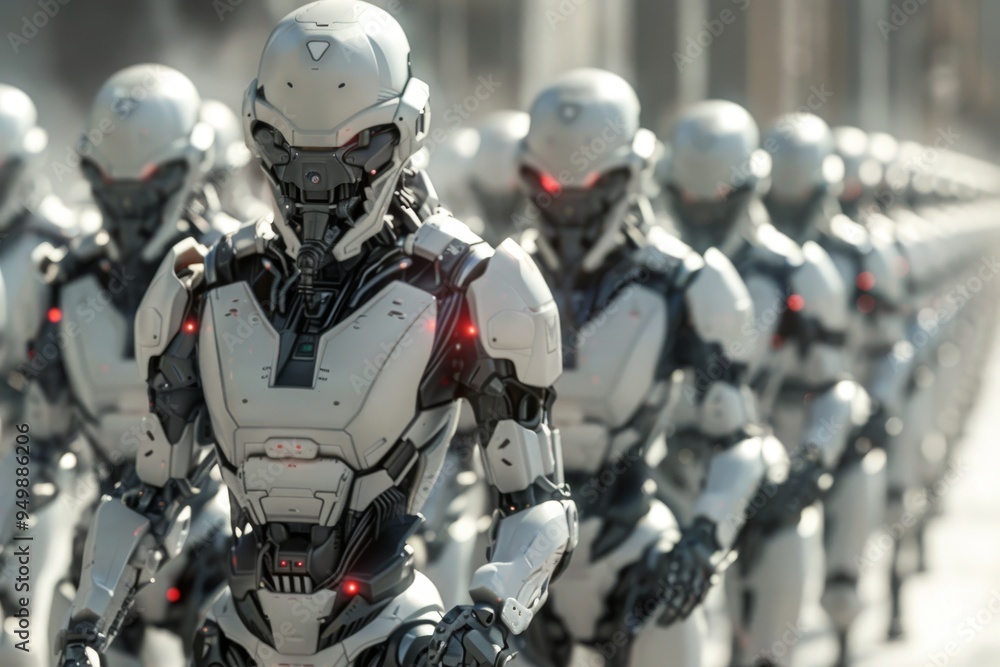 A group of robots walking together down a bustling street, showcasing their metallic bodies and advanced designs, A group of cybernetically enhanced soldiers marching in formation, AI generated A group of robots walking together down a bustling street, showcasing their metallic bodies and advanced designs, A group of cybernetically enhanced soldiers marching in formation, AI generated