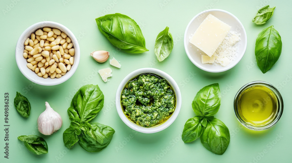 Top view of pesto sauce ingredients: basil leaves, cheese, pine nuts, olive oil, garlic, mint background. Generative AI Top view of pesto sauce ingredients: basil leaves, cheese, pine nuts, olive oil, garlic, mint background. Generative AI
