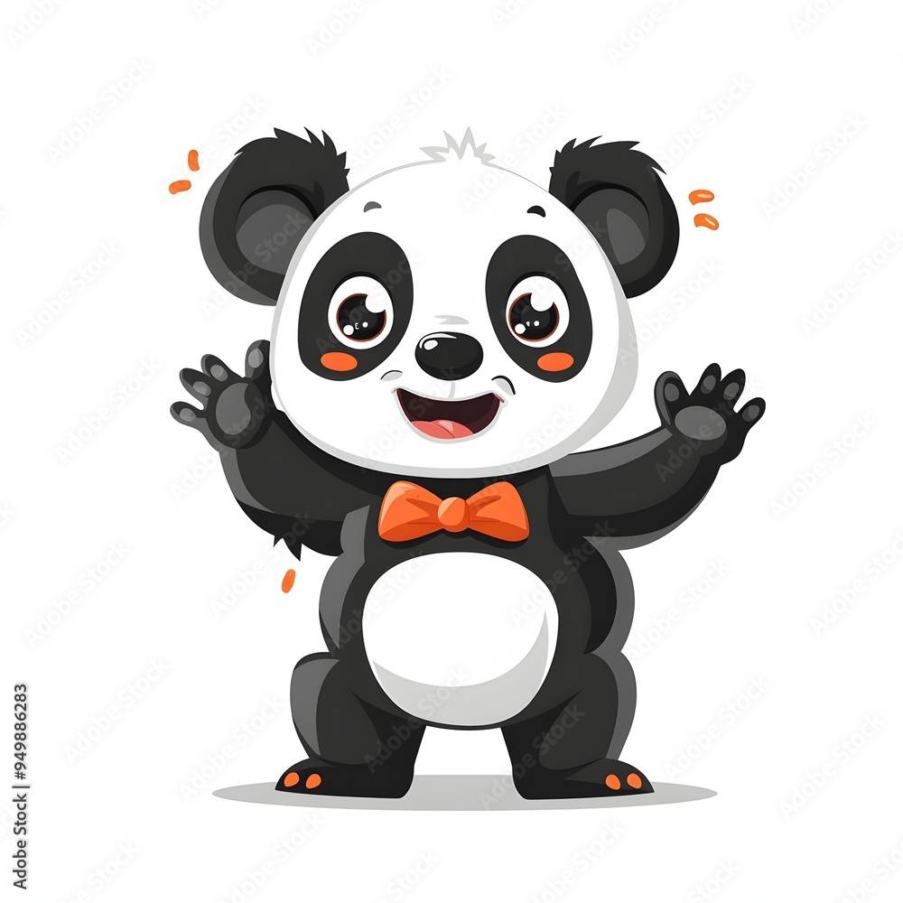 Obraz premium Adorable Cartoon Panda Wearing Bowtie Waving Happily on White Background