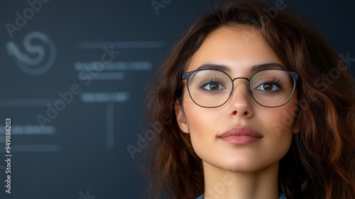 Confident woman in glasses smiles at the camera, showcasing professional style against a modern background.