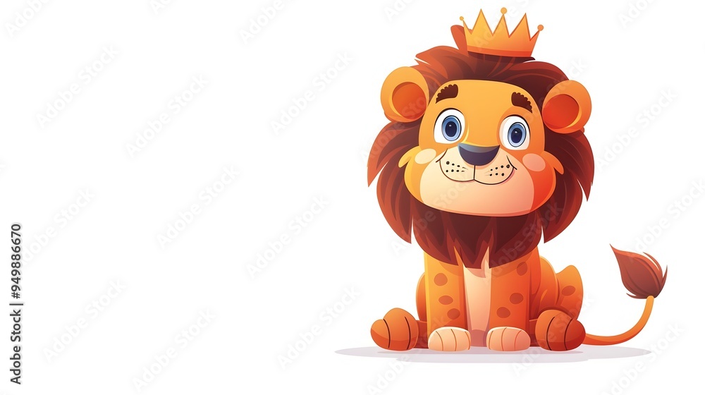 Adorable Cartoon Lion with Crown as King of the Jungle on White Background Adorable Cartoon Lion with Crown as King of the Jungle on White Background