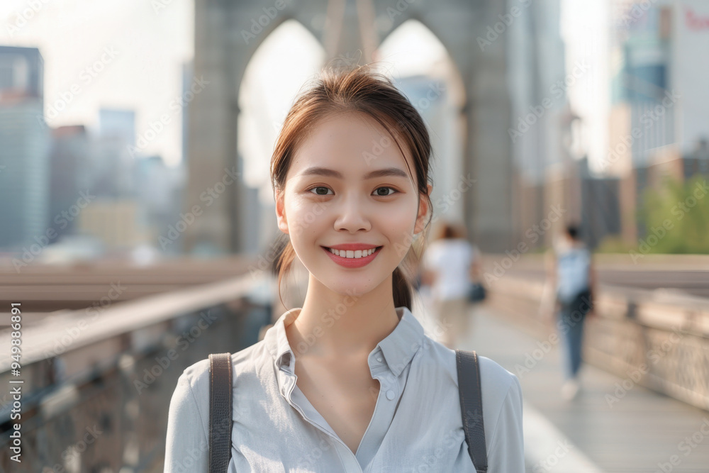 Smiling Woman on Bridge in Morning Light Smiling Woman on Bridge in Morning Light