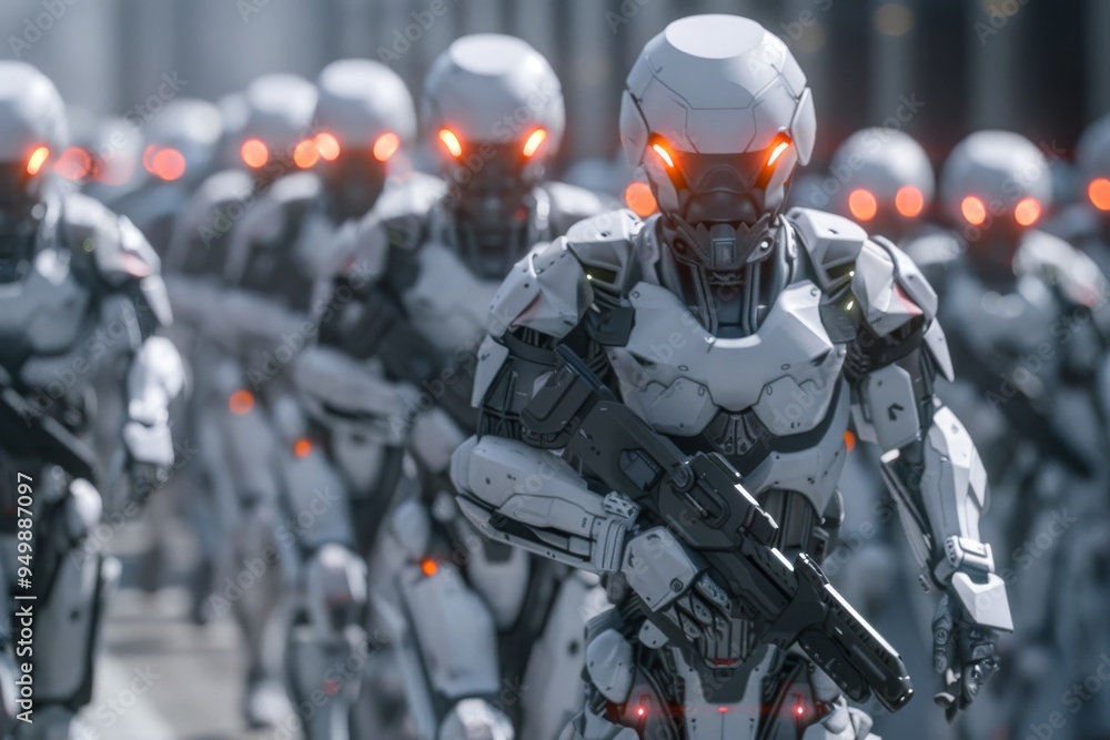 A collection of robots moving down a lively street, illustrating their intricate designs and robotic functionalities, A group of cybernetically enhanced soldiers marching in formation, AI generated A collection of robots moving down a lively street, illustrating their intricate designs and robotic functionalities, A group of cybernetically enhanced soldiers marching in formation, AI generated
