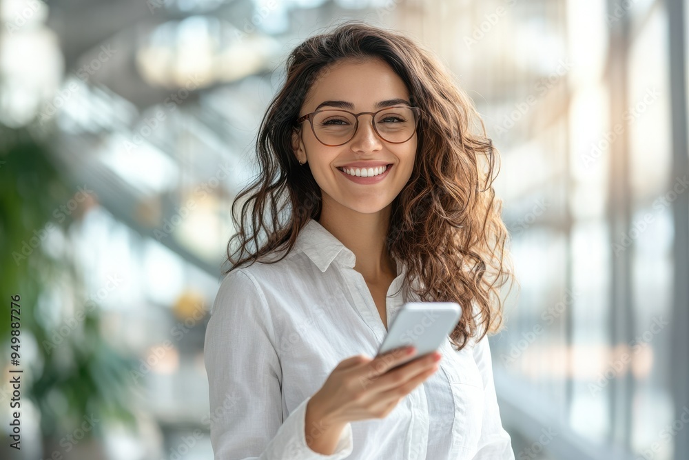 Smiling young professional latin business woman, happy lady corporate leader holding cellular phone Smiling young professional latin business woman, happy lady corporate leader holding cellular phone