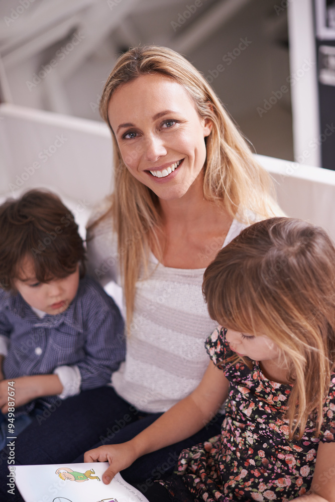 Portrait, mother and children on sofa with book for bonding, teaching and learning together in home. Woman, son and daughter relax on couch with storytelling, smile and family reading in living room Portrait, mother and children on sofa with book for bonding, teaching and learning together in home. Woman, son and daughter relax on couch with storytelling, smile and family reading in living room