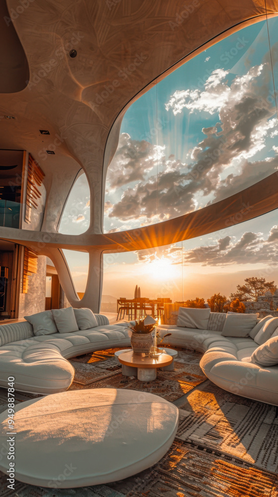 Fototapeta premium Modern living room with large windows showcasing a sunset over a scenic landscape