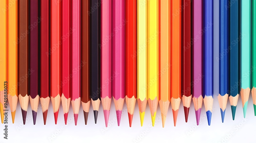 Vibrant Pencils in Parallel Lines on White Background with Studio Lighting Vibrant Pencils in Parallel Lines on White Background with Studio Lighting