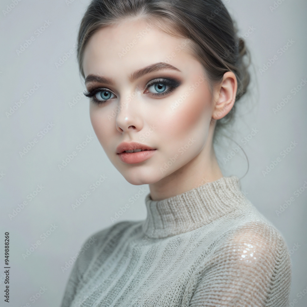 Glamorous young woman with elegant makeup and a stylish sweater in a minimalist setting Glamorous young woman with elegant makeup and a stylish sweater in a minimalist setting