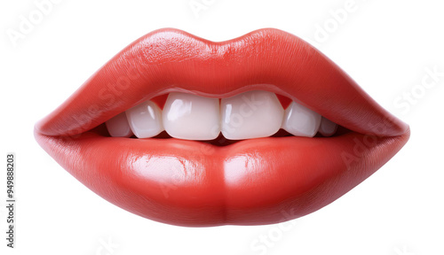 Glossy Red Lips with White Teeth Isolated on Transparent Background