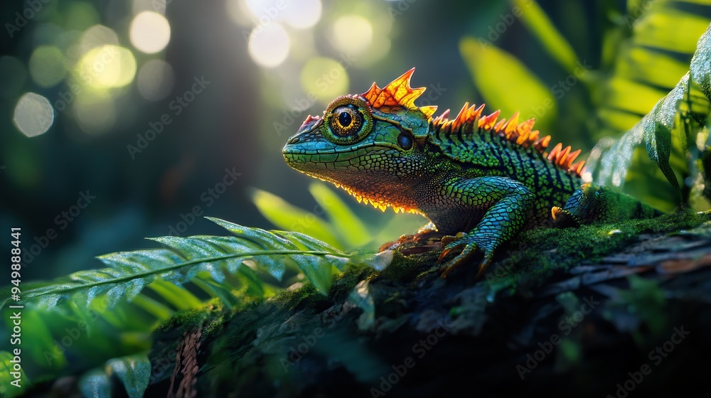 A vibrant and colorful lizard perched on a mossy log, surrounded by lush greenery in a serene forest environment. A vibrant and colorful lizard perched on a mossy log, surrounded by lush greenery in a serene forest environment.