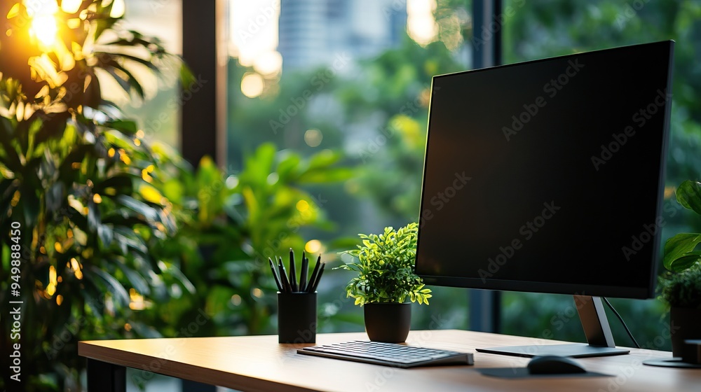 A serene workspace featuring a modern monitor, stylish plants, and warm sunset light creating a tranquil atmosphere. A serene workspace featuring a modern monitor, stylish plants, and warm sunset light creating a tranquil atmosphere.