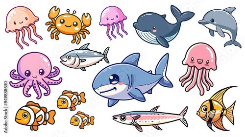 PNG marine life cartoon element set, transparent background