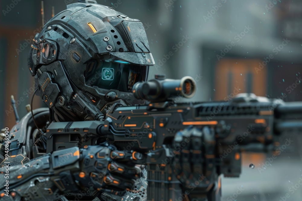 A futuristic robot, illuminated by city lights, stands in the rain, showcasing its intricate design against the stormy backdrop, A high-tech soldier equipped with advanced weaponry and armor A futuristic robot, illuminated by city lights, stands in the rain, showcasing its intricate design against the stormy backdrop, A high-tech soldier equipped with advanced weaponry and armor
