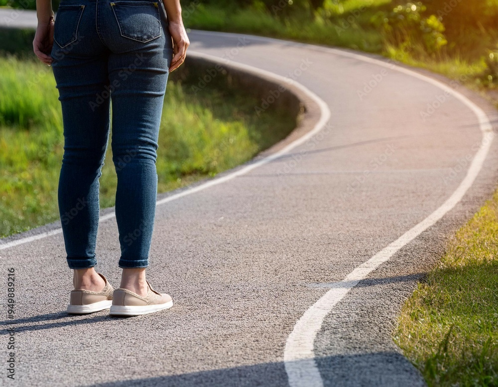 A Person Standing at the Base of a Curving Pathway With an Upward Arrow A Person Standing at the Base of a Curving Pathway With an Upward Arrow