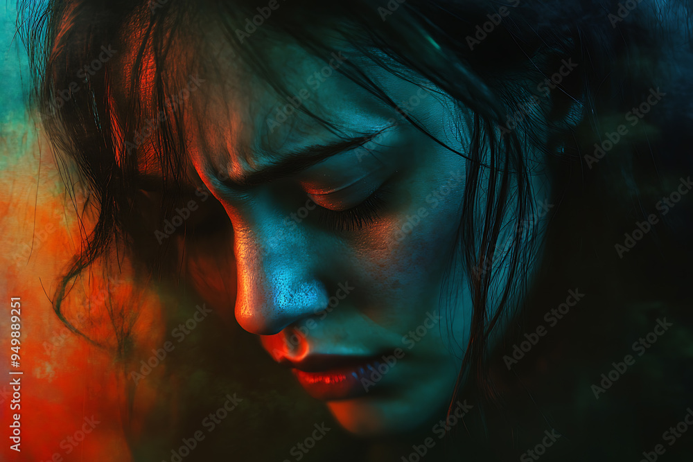 An emotional depiction of a woman in a state of depression, emphasizing feelings of sadness, loneliness, and despair An emotional depiction of a woman in a state of depression, emphasizing feelings of sadness, loneliness, and despair