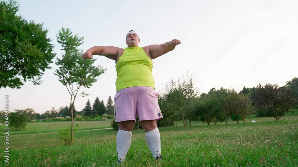 Fat sportsman jogging in the park at sunset. Fat young sportsman doing sports, doing exercise in the park on the green grass. Fat sportsman jogging in the park at sunset. Fat young sportsman doing sports, doing exercise in the park on the green grass.