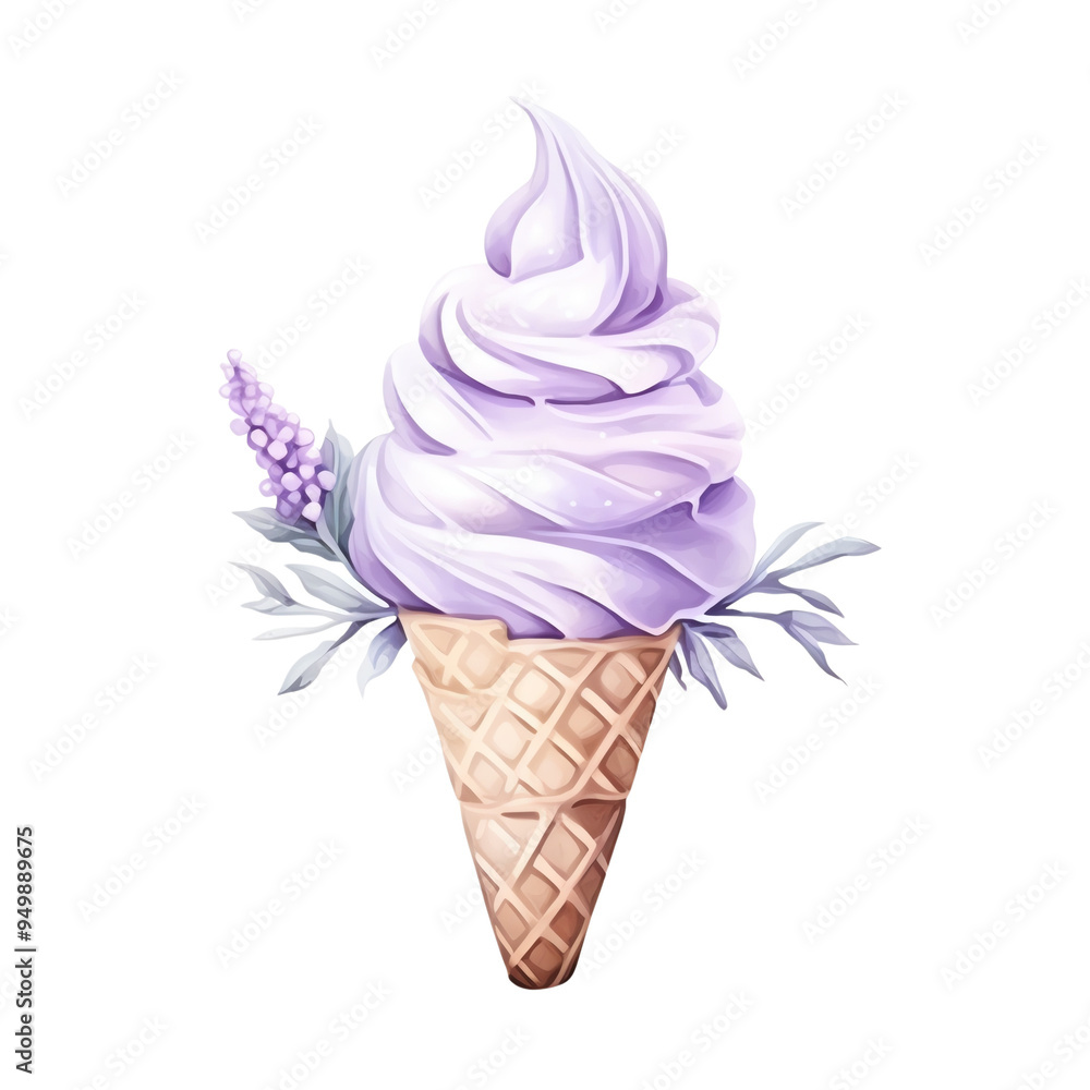 Delicious purple lavender soft serve ice cream in a waffle cone with lavender sprigs, isolated on white background. Perfect summer treat. Delicious purple lavender soft serve ice cream in a waffle cone with lavender sprigs, isolated on white background. Perfect summer treat.