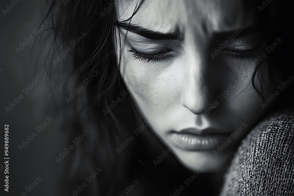 An emotional depiction of a woman in a state of depression, emphasizing feelings of sadness, loneliness, and despair An emotional depiction of a woman in a state of depression, emphasizing feelings of sadness, loneliness, and despair