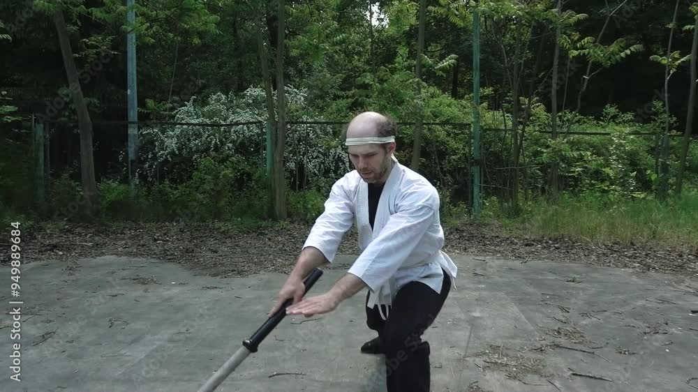 A man in a kimono trains with a wooden sword in an open area A man in a kimono trains with a wooden sword in an open area