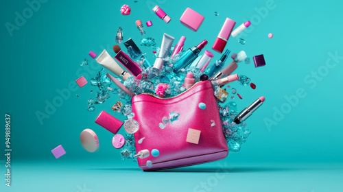 explosion of colorful makeup products from pink cosmetic bag on teal background