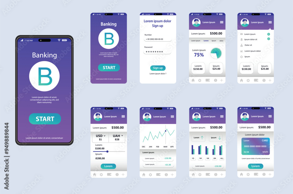 Banking app concept in flat design. This image shows the interface of the banking application with multiple screens, such as the login page and the user dashboard. Vector Illustration. Banking app concept in flat design. This image shows the interface of the banking application with multiple screens, such as the login page and the user dashboard. Vector Illustration.